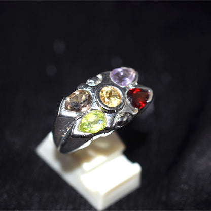 925 Sterling Silver Asymmetrical Multi Gemstone Cluster Ring