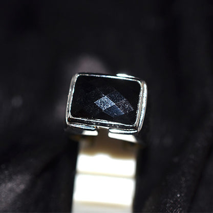 925 Sterling Silver Emerald Cut Black Onyx Wide Band Ring