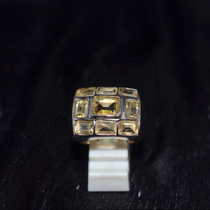 925 Sterling Silver Yellow Citrine Nine Stone Geometric Ring