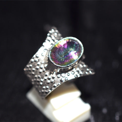 925 Sterling Silver Oval Mystic Topaz Textured Wide Band Ring