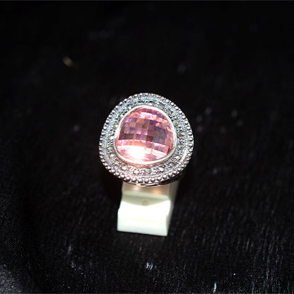 925 Sterling Silver Turkish Pink Crystal Trillion Ring with Marcasite Halo and Filigree Band