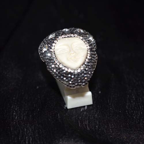 925 Sterling Silver Carved Face and Crystal Pave Statement Ring