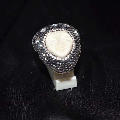 925 Sterling Silver Carved Face and Crystal Pave Statement Ring