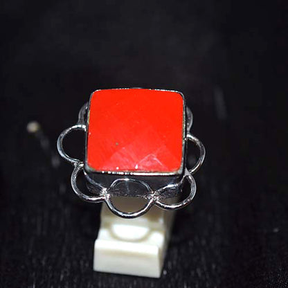 925 Sterling Silver Square Red Coral Scalloped Ring