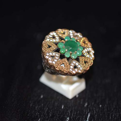 6 Carat Gold Plated Green Gemstone and Crystal Heart Halo Ring