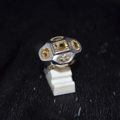 925 Sterling Silver Yellow Citrine Square Center Quad Ring