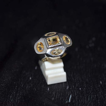925 Sterling Silver Yellow Citrine Square Center Quad Ring