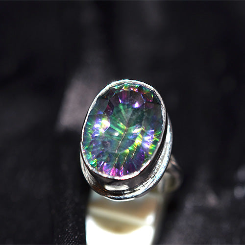 925 Sterling Silver Oval Mystic Topaz Double Bezel Split Shank Ring