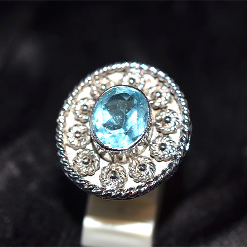 925 Sterling Silver Blue Topaz Floral Turkish Ring