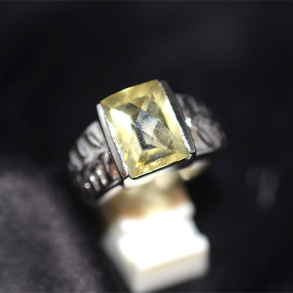 925 Sterling Silver Rectangle Lemon Quartz Carved Pattern Ring