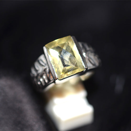 925 Sterling Silver Rectangle Lemon Quartz Carved Pattern Ring