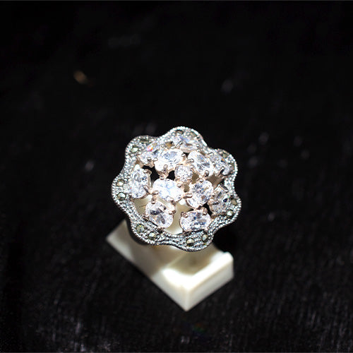 925 Sterling Silver Turkish Crystal Cluster Ring with Scalloped Marcasite Border