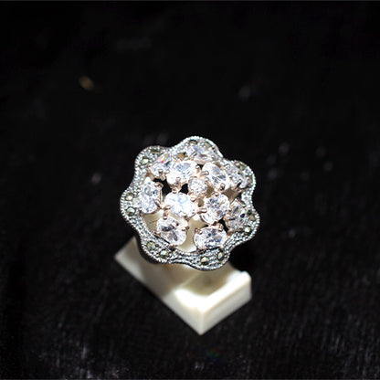 925 Sterling Silver Turkish Crystal Cluster Ring with Scalloped Marcasite Border