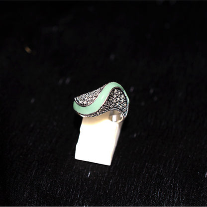 925 Sterling Silver Turkish Marcasite and Mint Green Enamel Wave Ring