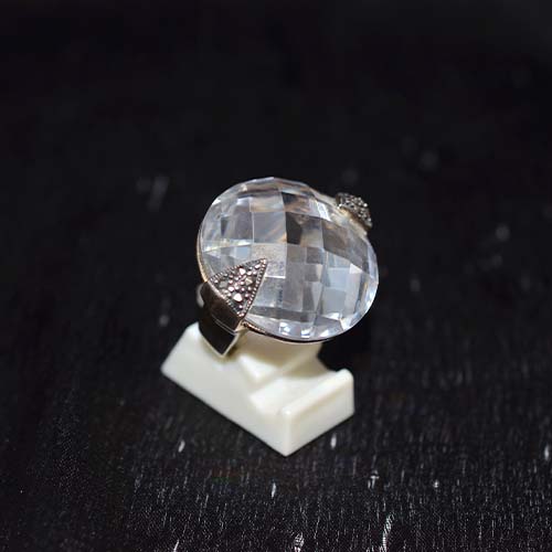 925 Sterling Silver Clear Crystal Globe Ring with Marcasite Accents