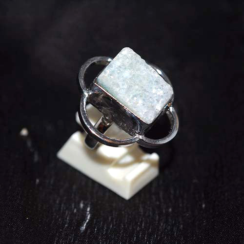 925 Sterling Silver Rectangular Green Druzy Flower Ring