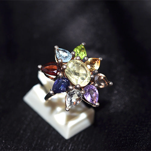 925 Sterling Silver Multi Gemstone Sunflower Cluster Ring