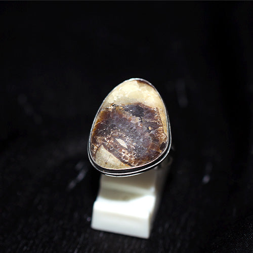 925 Sterling Silver Oval Bicolor Fossil Agate Ring
