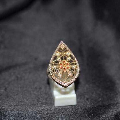 6 Carat Gold Plated Citrine Floral Teardrop Ring