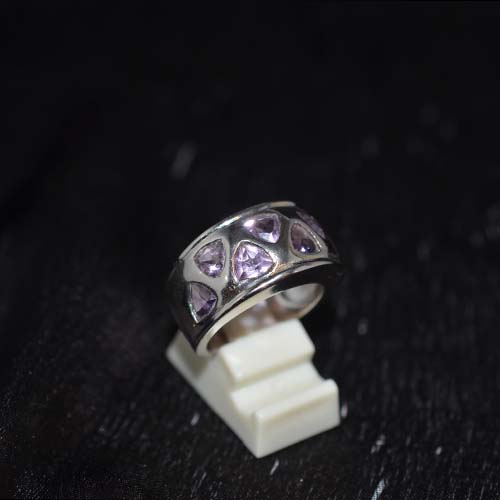 925 Sterling Silver Purple Amethyst Triangle Pattern Ring