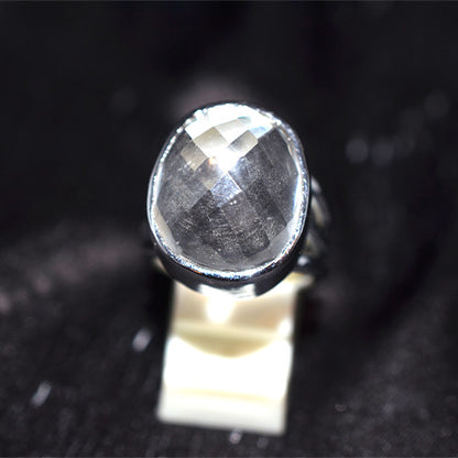 925 Sterling Silver Oval Faceted Crystal Quartz Ring with Triple Shank