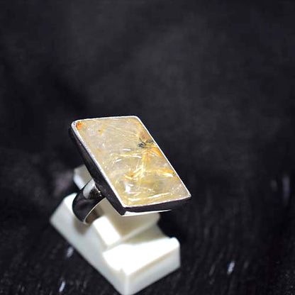 925 Sterling Silver Rutilated Quartz Elongated Rectangle Ring