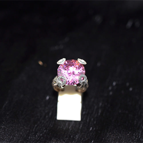 925 Sterling Silver Turkish Pink Crystal and Marcasite Ring