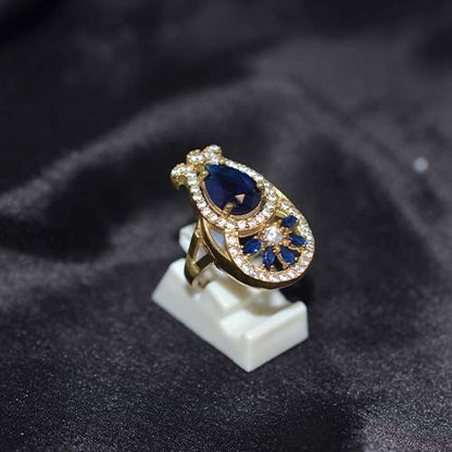 6 Carat Gold Plated Blue Sapphire Teardrop Motif Ring