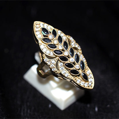 6 Carat Gold Plated Black Onyx Floral Marquise Ring