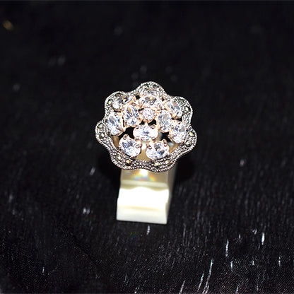 925 Sterling Silver Turkish Oval Crystal Cluster Ring with Marcasite Frame