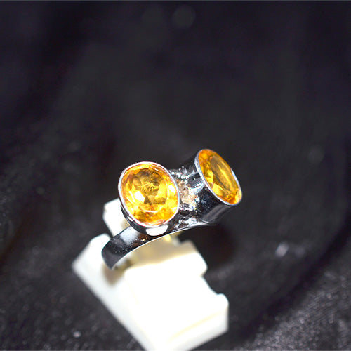 925 Sterling Silver Turkish Citrine Double Stone Bypass Ring