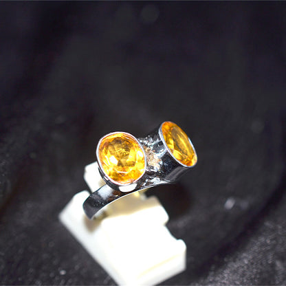925 Sterling Silver Turkish Citrine Double Stone Bypass Ring