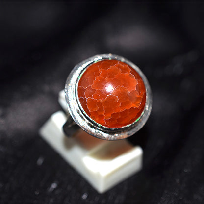 925 Sterling Silver Round Fire Crackle Agate Turkish Ring