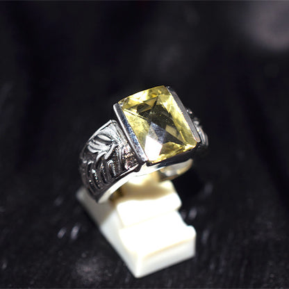 925 Sterling Silver Emerald Cut Lemon Quartz Carved Wing Ring