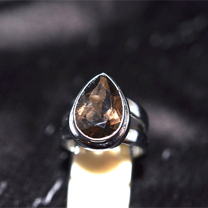 925 Sterling Silver Pear-Shaped Smoky Quartz Ring with Split Shank
