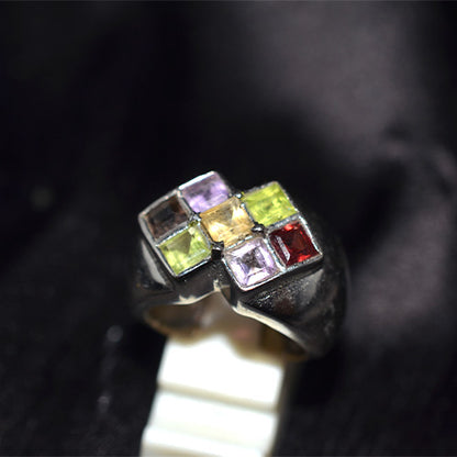 925 Sterling Silver Multi Gemstone Mosaic Dome Ring