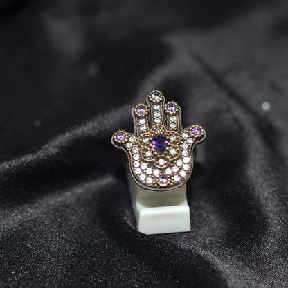 6 Carat Gold Plated Amethyst Hamsa Hand Ring