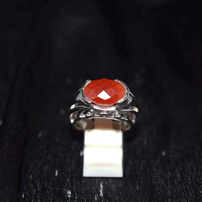 925 Sterling Silver Faceted Red Agate Ring with Ornate Prong Setting
