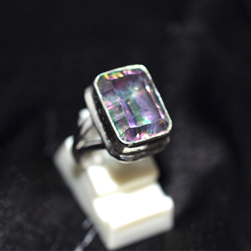 925 Sterling Silver Emerald Cut Mystic Topaz Ring