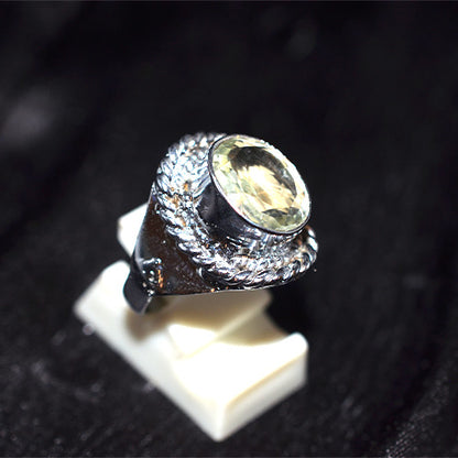 925 Sterling Silver Lemon Quartz Rope Motif Turkish Ring