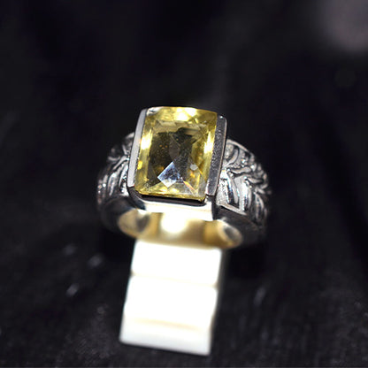 925 Sterling Silver Emerald Cut Lemon Quartz Carved Wing Ring