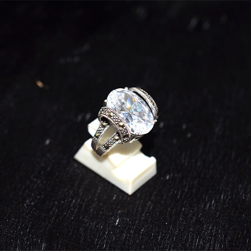 925 Sterling Silver Turkish Large Oval Crystal with Marcasite Split Shank Ring