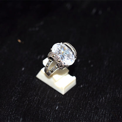 925 Sterling Silver Turkish Large Oval Crystal with Marcasite Split Shank Ring