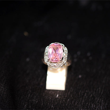 925 Sterling Silver Turkish Radiant-Cut Pink Crystal and Marcasite Halo Ring