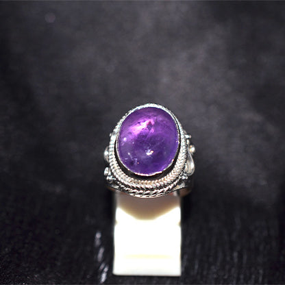 925 Sterling Silver Oval Amethyst Ring with Ornate Rope Bezel
