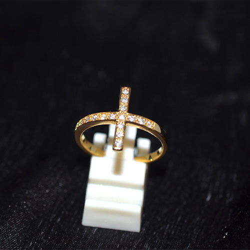 6 Carat Gold Plated Pave Cubic Zirconia Sideways Cross Ring