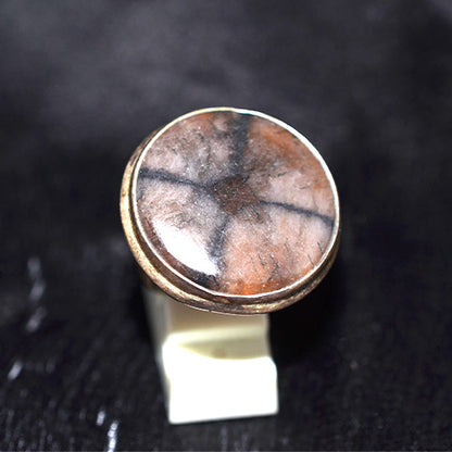925 Sterling Silver Round Chiastolite Cross Stone Ring