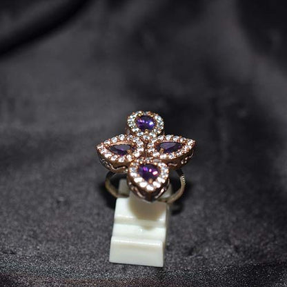 6 Carat Gold Plated Amethyst Four-Leaf Motif Ring