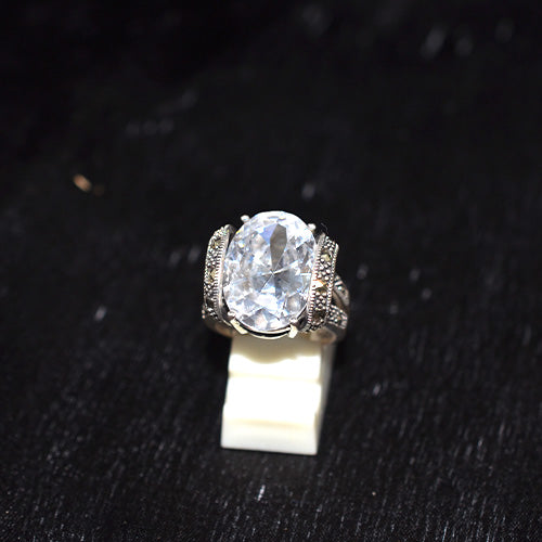 925 Sterling Silver Turkish Large Oval Crystal with Marcasite Split Shank Ring