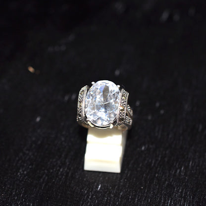 925 Sterling Silver Turkish Large Oval Crystal with Marcasite Split Shank Ring